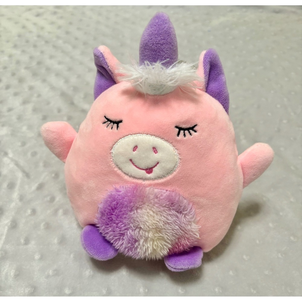 Pink Unicorn Plush Stuffed Animal Toy Purple Accents 7 Inch Round Squishy
